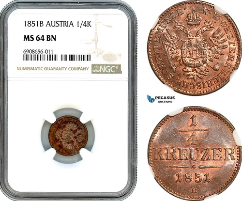 AK198, Austria, Franz Joseph, 1/4 Kreuzer 1851 B, Kremnitz Mint, NGC MS64BN