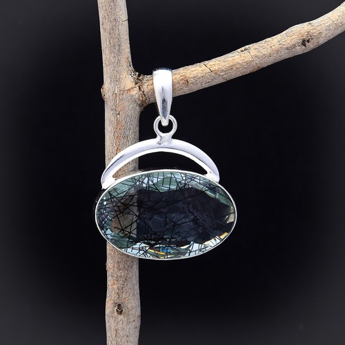 Black Rutilated Quartz Gemstone 925 Sterling Silver Valentine's Day Pendant - Picture 3 of 3
