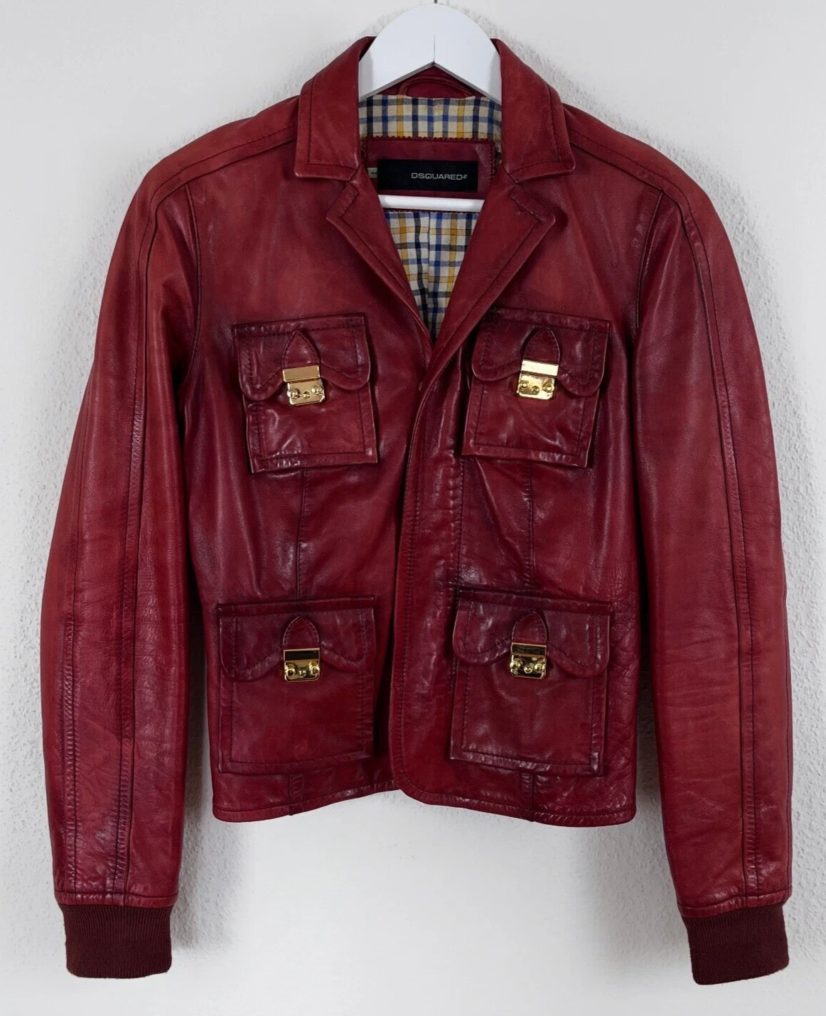 Autentica rara giacca da motociclista DSQUARED2 multitasche Y2K in pelle bordeaux taglia 44