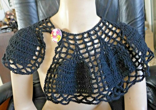 Collar Scarf Handmade Crocheted Capelet Acrylic Wool Black New Pattern Button - Picture 3 of 12