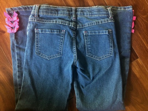 girls GYMBOREE DENIM JEANS pants ADJUSTABLE WAIST pink bows NICE! stretch size 8 - Picture 3 of 3