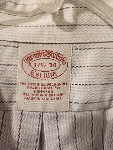 Brooks Brothers 1818 The Original Polo Shirt 17 1/2 - 34 White w Blue Stripes - Picture 2 of 12