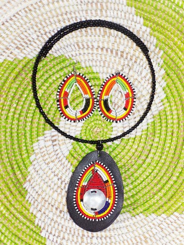 Conjunto de collar y pendientes de vaquera con cuentas masai hechos a mano boho hippie tribal jsmm1 - Imagen 1 de 2