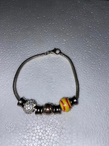 Pandora Bracelet Yellow Red, & Silver Softball And White Crystal Pendents 7