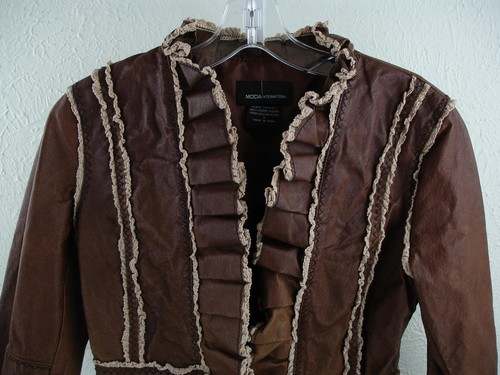 Women's S Moda International Brown Leather Jacket Lace Trim Ruffled Front Toggle - Picture 2 of 12