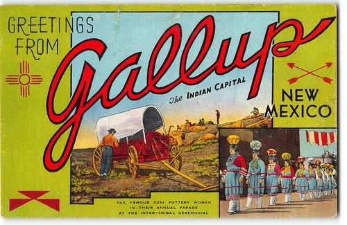 Grüße von GALLUP, NEU MEXIKO um 1940 Leinen Postkarte, Zunnie Keramik Frauen - Bild 1 von 2