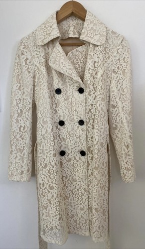 8-10 Custom / Tailor Made Cream Floral Lace Long Belted Trench Coat / Jacket - Foto 9 di 10