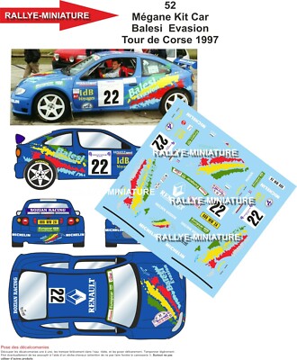 DECALS 1/43 REF 0052 RENAULT MEGANE BALESI TOUR DE CORSE 1997 WRC RALLY RALLY