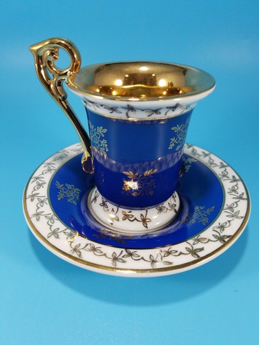 Vintage Bremer & Schmidt East Germany Demitasse Cup and Saucer Set Blue and Gold - Picture 6 of 15