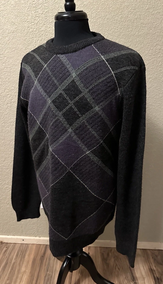 Volcom Sweater Men XL Black Gray Purple Plaid Long Sleeve Knit Cabincore Grandpa - Image 3 of 4