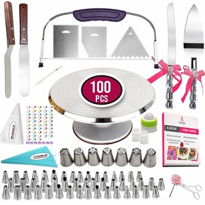100Pc-Cake-Decorating-Kit-Aluminum-Metal-Turntable-Rotating-Stand-amp-Knife-Set