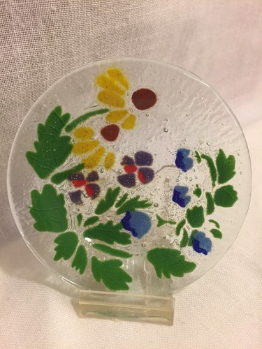 Schmelzglas Mini kleiner Teller rund 4" Wildblumen & Blatt Design  - Bild 1 von 6