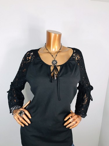7th Avenue NY&C L Top schwarz Bluse Bindebänder V-Ausschnitt Spitze Blumen 3/4 Ärmel - Bild 2 von 9