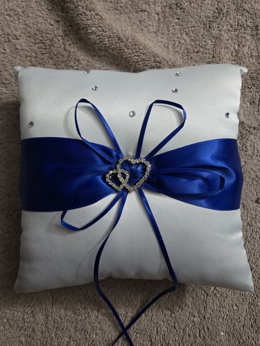 Wedding Ring Barer Pillow Double Hearts Satin Blue Accent  - Picture 2 of 4
