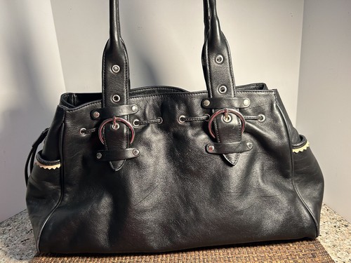 DESMO Lg Italian Made Black Handbag With Cream Stitching Silver Hardware 10x16 - Picture 2 of 12