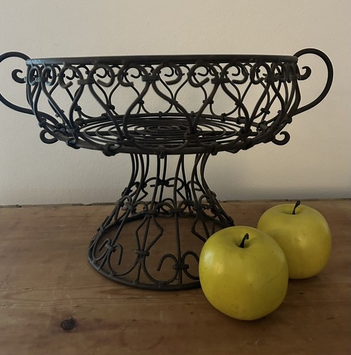 WIRE BOWL Footed Basket Metal Pedestal Round FRENCH COUNTRY ~HEAVY & LARGE~ - Picture 5 of 6