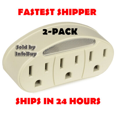 3-Outlet Grounded Tap Adapter w/Built-in Night Light -SHIPS IN 24 HOURS - 2 PACK