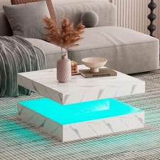 High Gloss Coffee Table for Living Room Square Side Table LED Light Furniture US