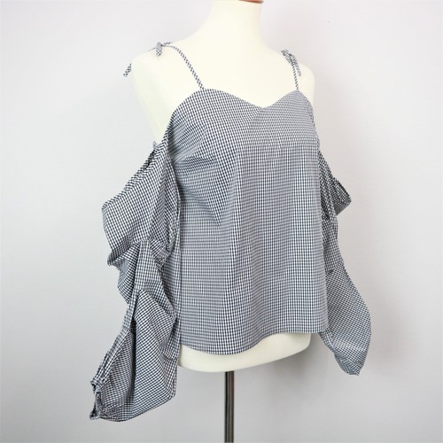Belle Sky Black and White Gingham Sweetheart Neck Cold Shoulder Blouse Women’s S - Picture 8 of 12