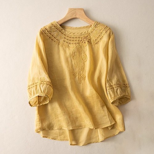 Women Cotton Linen Tunic Top Shirt Summer Casual Baggy Plain Blouse Plus Size US - Picture 20 of 33