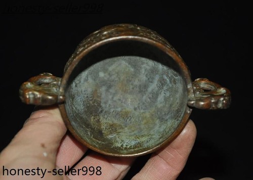 4"Marked China dynasty bronze dragon phoenix beast statue Wine vessel Goblet Cup - Afbeelding 7 van 8