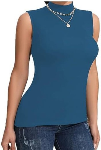 Women’s Stretchy Polo Turtle Neck Plain Top Ladies Sleeveless Casual Wear Top - - Picture 90 of 91