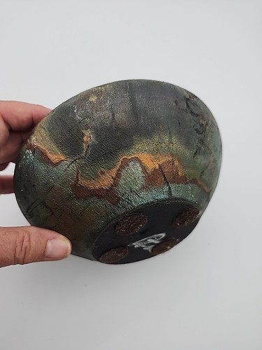 Raku Kunstkeramik Vase irisierende Farbtöne handgeworfen, signiert 3,25" x 6,25" Geometrie - Bild 14 von 24