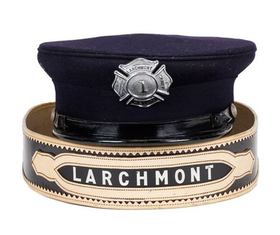 LARCHMONT New York ~ Fireman Parade Leather Belt and Cap ~ Hook & Ladder / 1900