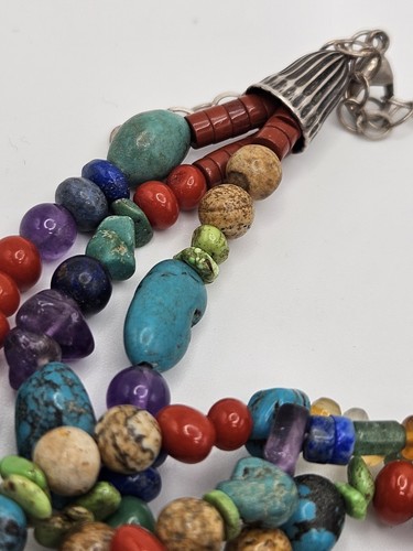 Vintage Southwestern Sterling Silver Multi Gemstone Beaded 3 Strand Necklace - Picture 4 of 17