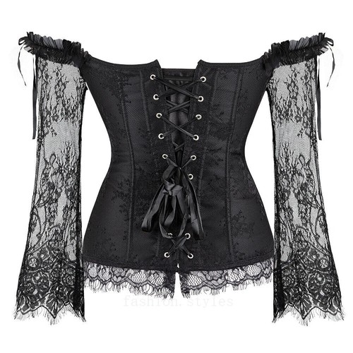 Lace Long Sleeves Waist Bustier Top Gothic Overbust Corset Shoulder Corselet - Picture 3 of 12