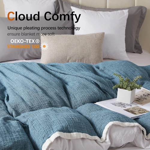 Luxurious 4-Layer Cotton Muslin Blanket 80"x90" in Vintage Blue for All Seasons - Picture 4 of 10