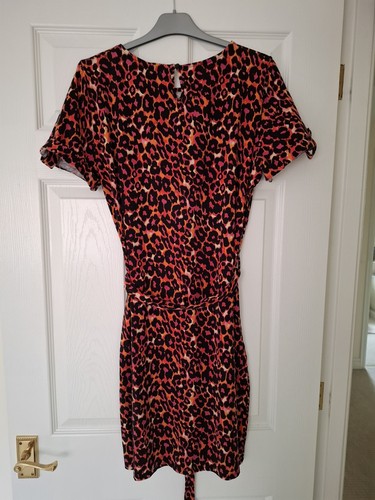 Dorothy Perkins jersey dress size 14 tall black/orange leopard print preowned - Picture 2 of 8