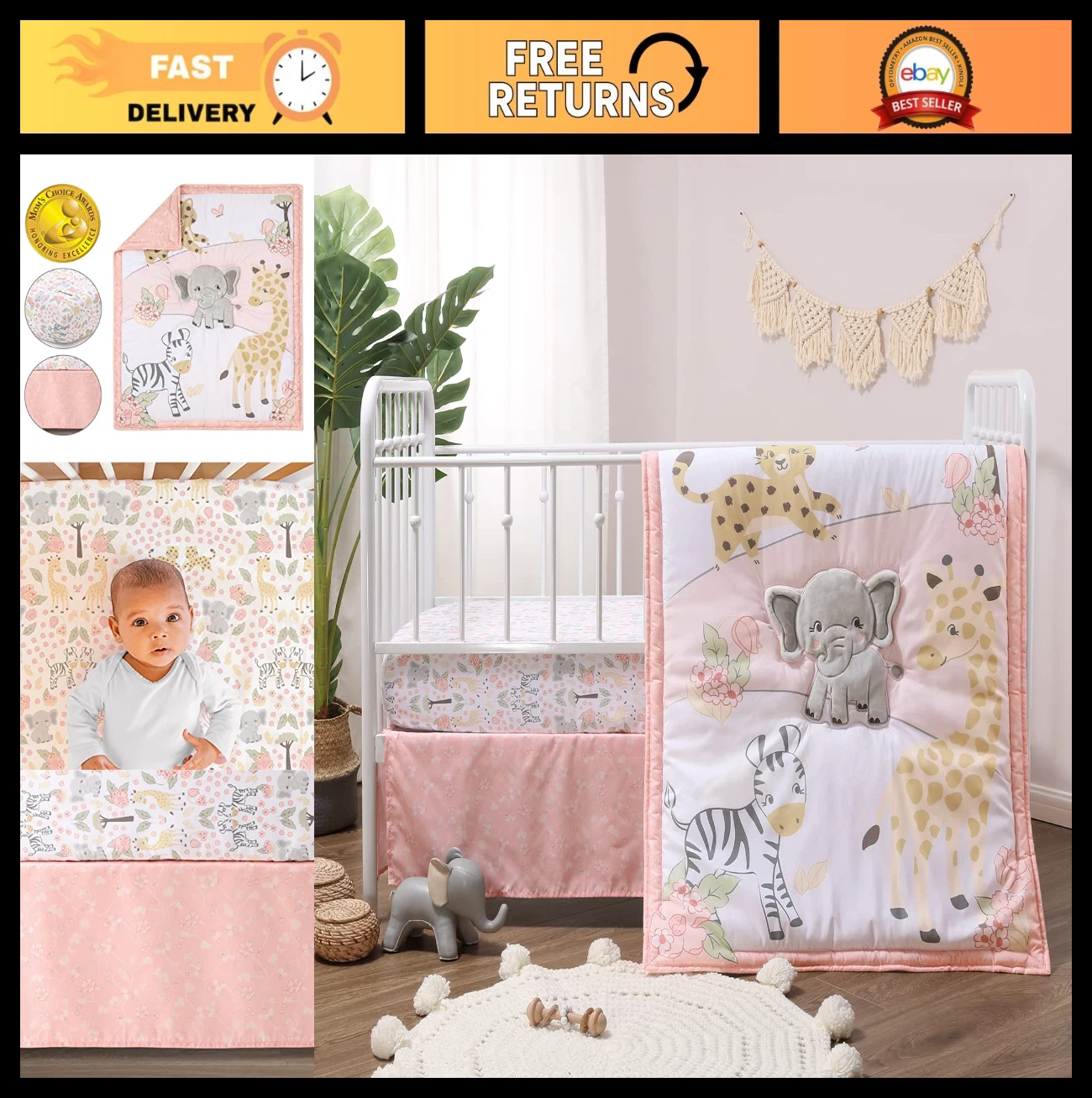 3 Piece Baby Crib Bedding Set for Girls - Fitted Sheet, Dust Ruffle, Comforter -
Opens in a new wind