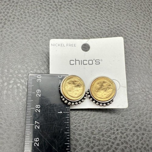 Chico's Coin Stud Earrings Nickel Free Gold Silver Tone Textured Beaded Trim - Picture 7 of 7