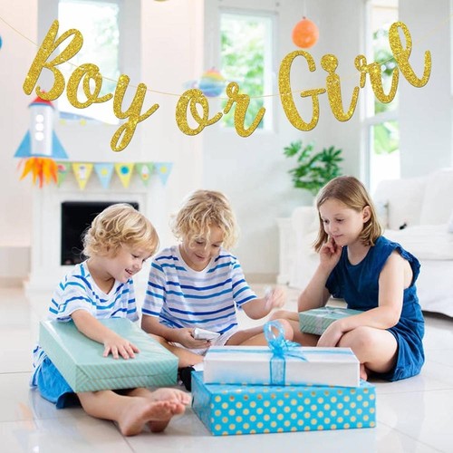 Boy Or Girl Banner Gender Reveal Party Hung Bunting Pregnancy Announcement Gold - Picture 4 of 6