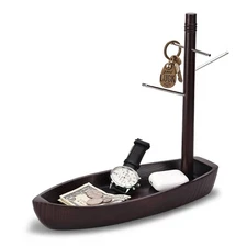 Entryway Key Holder Stand 4 Metal Hooks Storage Tray Ash Solid Wood Boat Shape