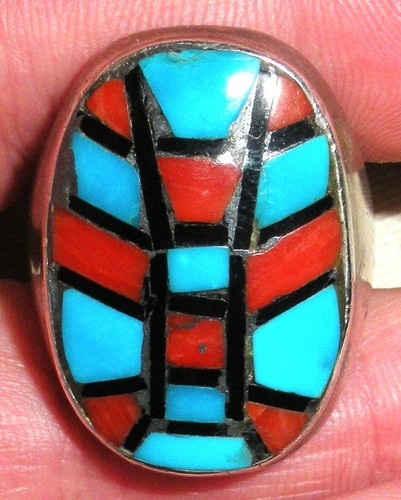 VINTAGE NAVAJO TURQUOISE CORAL ONYX INLAY STERLING SILVER RING SIZE 10 vafo - Picture 8 of 8