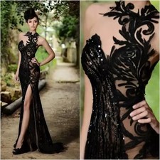 Elegant Prom Dress Beading Split Appliqued High Neck Mermaid Sequin Evening Gown