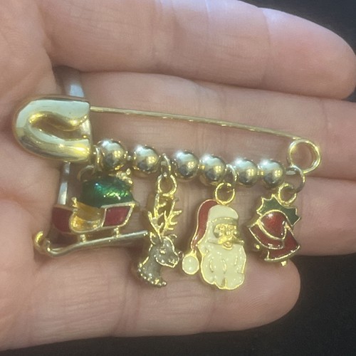 VINTAGE CHRISTMAS PIN ENAMEL BROOCH HOLIDAY R I BEAD & CO JEWELRY SANTA BELLS - Picture 2 of 5