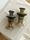 Pair of Handmade Vintage Moroccan Tamegroute Khaki Green Glaze Candle Holders