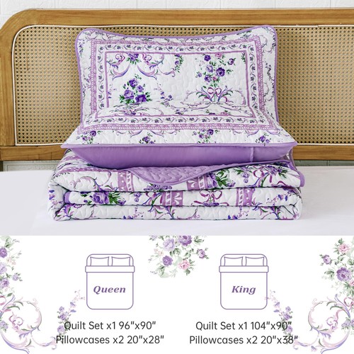 Purple Queen Quilt Set, 3 Pieces Floral Pattern Quilts Bedspread with 2 Pillo... - Picture 5 of 8