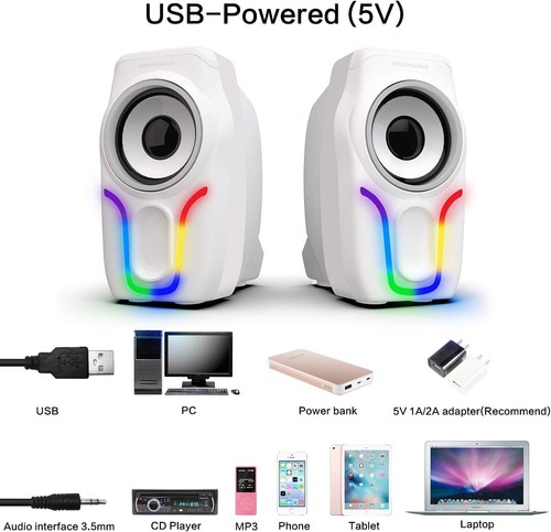Wired Mini Portable Computer Speakers, 2.0 USB Stereo Control, 6 Backlit, 3.5mm - Picture 3 of 17