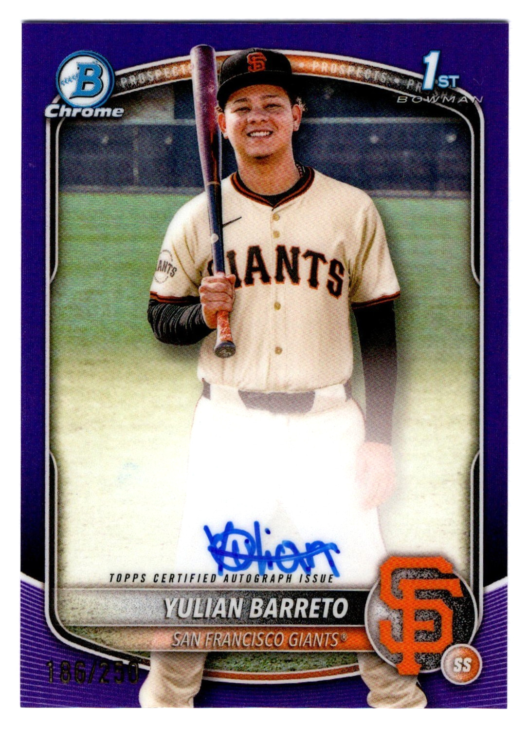 Yulian Barreto 2025 Bowman Chrome 1st Year Purple Refractor Auto 186/250 Giants