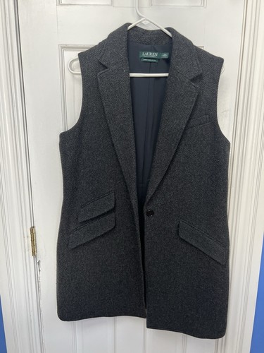 Lauren Ralph Lauren Woman's Dark Gray Wool Blend Herringbone Vest Size L Italy