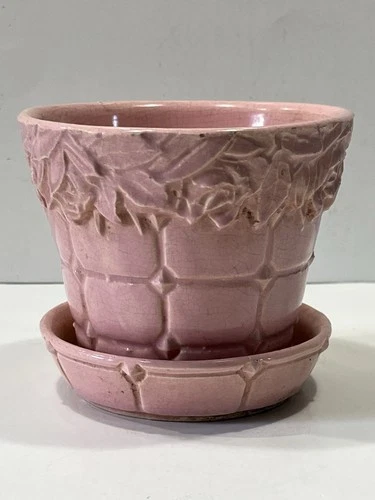 Vintage McCoy Pink Planter - Roses -Leaves-Diamond- Basketweave - Excellent