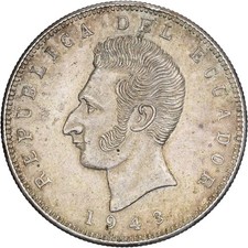 [#1167014] Ecuador, 5 Sucres, Cinco, 1943, Mexico City, Silver, AU(50-53), KM:79