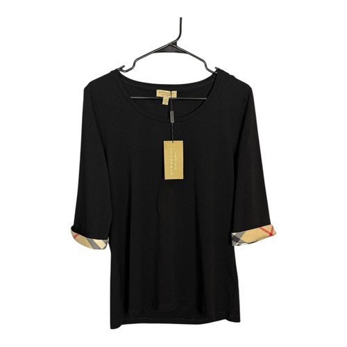Burberry Scoop Neck Black Checks Cuff Jersey T-Shirt M Women’s Size Large NEW