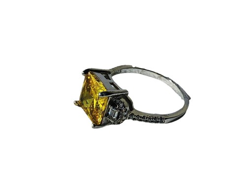 Anillo de citrino amarillo corte princesa talla 9 detalles de banquete transparente plata maciza - Imagen 3 de 9