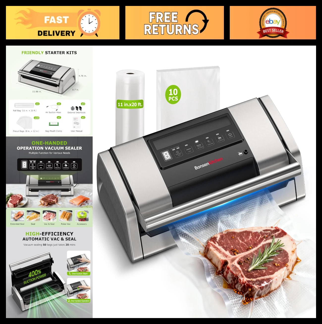 Food Vacuum Sealer Machine with Easy-Lock Handle, Built-in Cutter & Bag Storage,