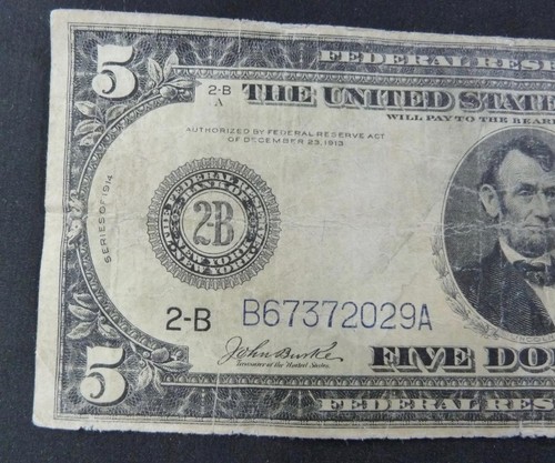 SERIES 1914 U.S. LARGE SIZE $5 FIVE DOLLAR FEDERAL RESERVE NOTE W/ BLUE SEAL - Picture 2 of 8